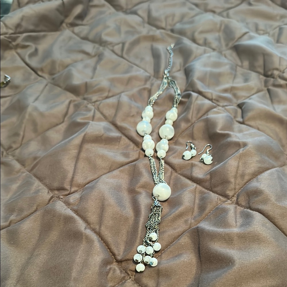 Elegant Silver and White bead Necklace and Earring Set